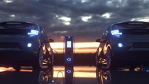 Two electric cars with illuminated headlights are parked beside a charging station at sunset, reflecting on the glossy surface, creating a serene, futuristic mood. Two electric cars with illuminated headlights are parked beside a charging station at sunset, reflecting on the glossy surface, creating a serene, futuristic mood.