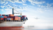 Logistics and transportation of International Container Cargo ship and cargo plane in the ocean at Sunset sky, Freight Transportation, Shipping Logistics and transportation of International Container Cargo ship and cargo plane in the ocean at Sunset sky, Freight Transportation, Shipping