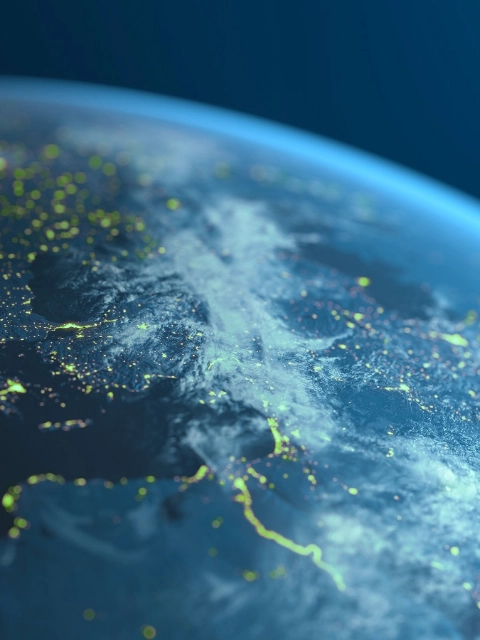 Europe and surrounding areas seen from space. Perfectly usable for topics like global business or European economy and culture. High quality 3D rendered image made from ultra high res 20k textures by NASA:
https://visibleearth.nasa.gov/images/55167/earths-city-lights,
https://visibleearth.nasa.gov/images/73934/topography,
https://visibleearth.nasa.gov/images/57747/blue-marble-clouds/77558l