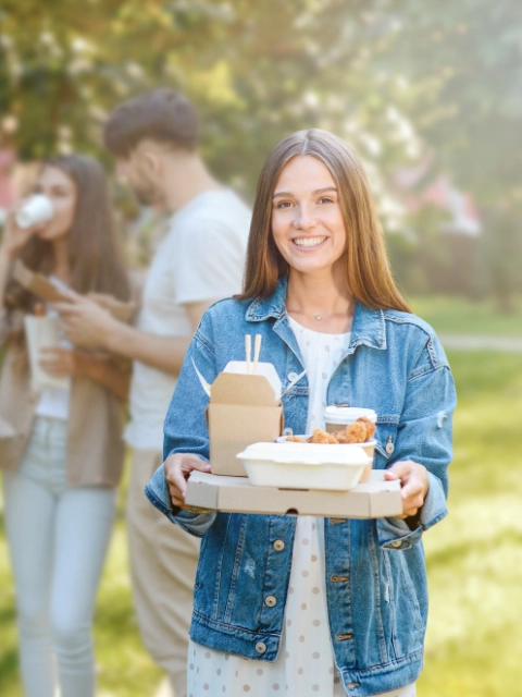 Title photo for March edition of the BASF Resins & Additives Newsletter for Printing & Packaging. A woman holding take-away food packaging made with coated paper